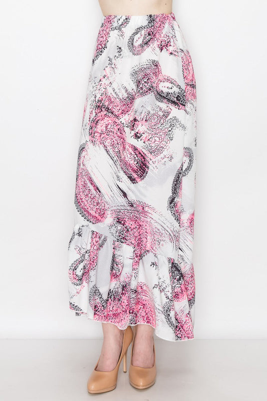 Flared Bottom Paisley Print Long Skirt - Pink