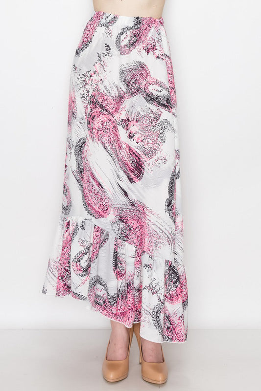 Flared Bottom Paisley Print Long Skirt - Pink