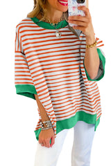 Pink Stripe Colorblock Drop Sleeve Oversized T Shirt