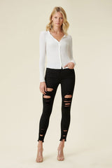 HIGH RISE DISTRESSED SKINNY WITH RAW HEM