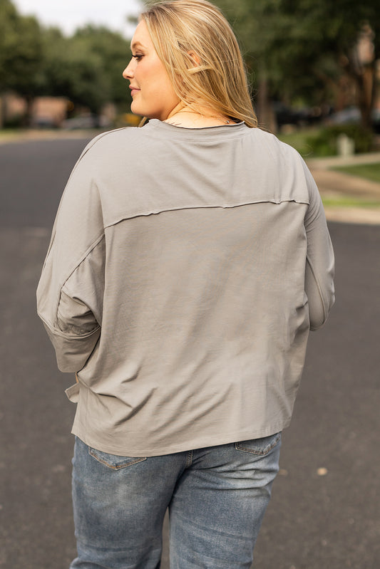 Medium Grey Floral Star Patched 3/4 Sleeve Plus Size Top