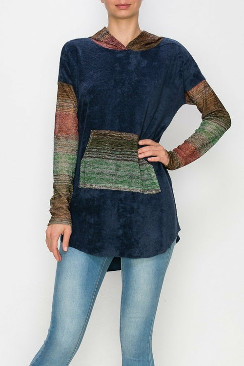 Hooded Color Block Long Sleeve Top - Navy