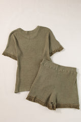 Laurel Green Fringe Trim Waffle Knit Textured Shorts Set