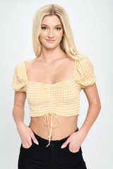 Gingham printed cap sleeve smocked crop top