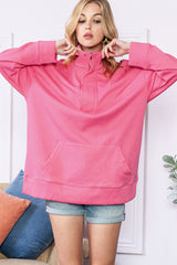 Hot Pink Casual Textured Kangaroo Pocket Sweatshirt