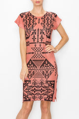 Short Sleeve Aztec Print Dress - Coral