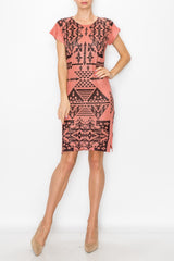 Short Sleeve Aztec Print Dress - Coral