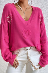 Rosy Heart Pattern Pearl Detail Drop Sleeve Knit Sweater