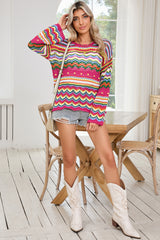 Rose Red Colorblock Striped Hollowed Knit Loose Sweater