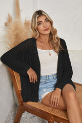 Black Hollow Out Crochet Knit Drop Shoulder Open Front Cardigan