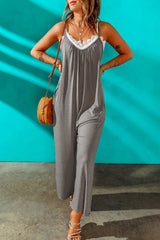 Grey Casual Spaghetti Straps Wide Leg Pocketed Jumpsuits