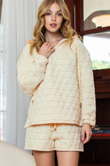 Beige Quilted Hoodie and Drawstring Shorts Set