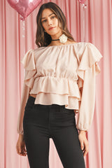 Oatmeal Elegant Satin Ruffle Long Sleeve Blouse