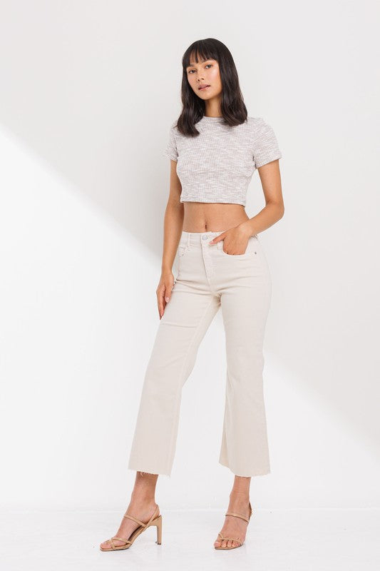 HIGH RISE CROPPED KICK FLARE RAW SCISSOR CUT HEM