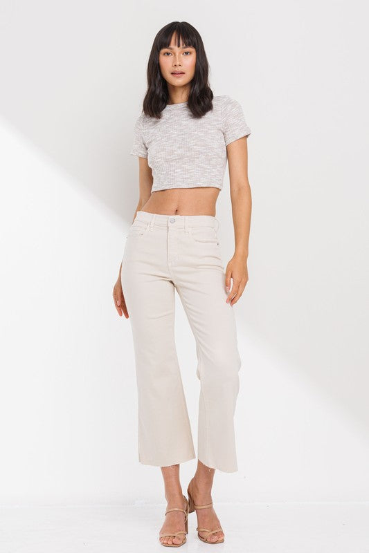 HIGH RISE CROPPED KICK FLARE RAW SCISSOR CUT HEM