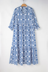 Sky Blue Ethnic Geometric Print Notch Neck Plus Size Maxi Dress