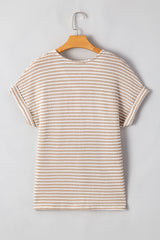 Khaki Striped Button Front V Neck Knitted Top