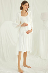 Shopymommy 18202 Lace Maternity & Nursing Nightgown With Robe Set Ecru