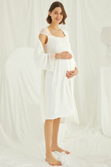 Shopymommy 18202 Lace Maternity & Nursing Nightgown With Robe Set Ecru