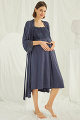 Shopymommy 18210 Lace Maternity & Nursing Nightgown With Robe Set Navy