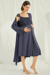 Shopymommy 18210 Lace Maternity & Nursing Nightgown With Robe Set Navy