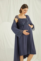 Shopymommy 18210 Lace Maternity & Nursing Nightgown With Robe Set Navy