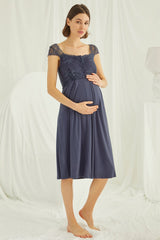 Shopymommy 18210 Lace Maternity & Nursing Nightgown With Robe Set Navy