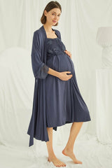 Shopymommy 18210 Lace Maternity & Nursing Nightgown With Robe Set Navy