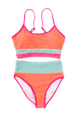 Orange Color Block Textured High Waist Sexy Bikini Set