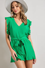 V-NECK RUFFLED WAIST TIE ROMPER