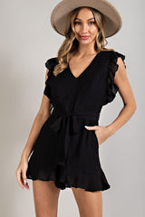 V-NECK RUFFLED WAIST TIE ROMPER