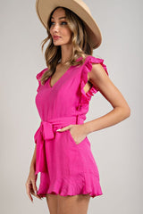 V-NECK RUFFLED WAIST TIE ROMPER