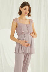 Shopymommy 18440 Lace Maternity & Nursing Pajamas Coffee