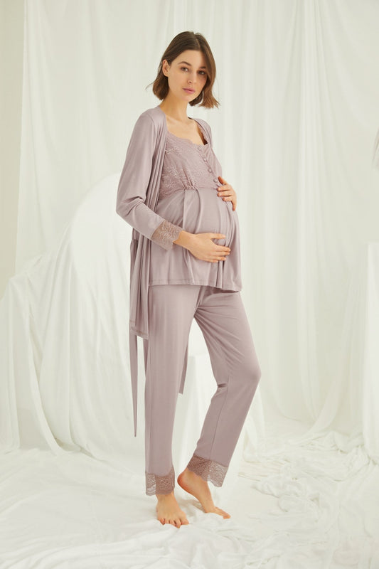 Shopymommy 18441 Lace 3-Pieces Maternity & Nursing Pajamas With Robe