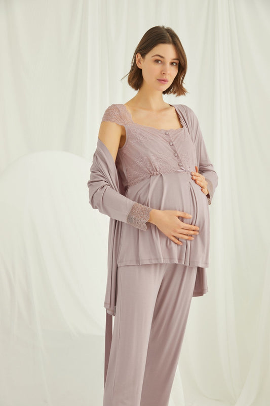 Shopymommy 18441 Lace 3-Pieces Maternity & Nursing Pajamas With Robe