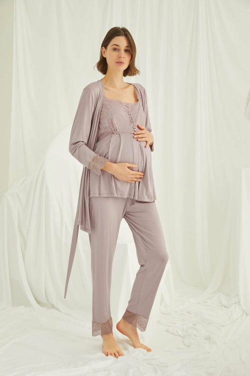 Shopymommy 18441 Lace 3-Pieces Maternity & Nursing Pajamas With Robe