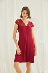 Shopymommy 18480 Lace V-Neck Short Maternity & Nursing Nightgown Red