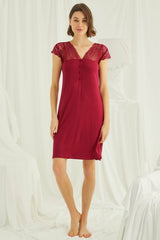 Shopymommy 18480 Lace V-Neck Short Maternity & Nursing Nightgown Red