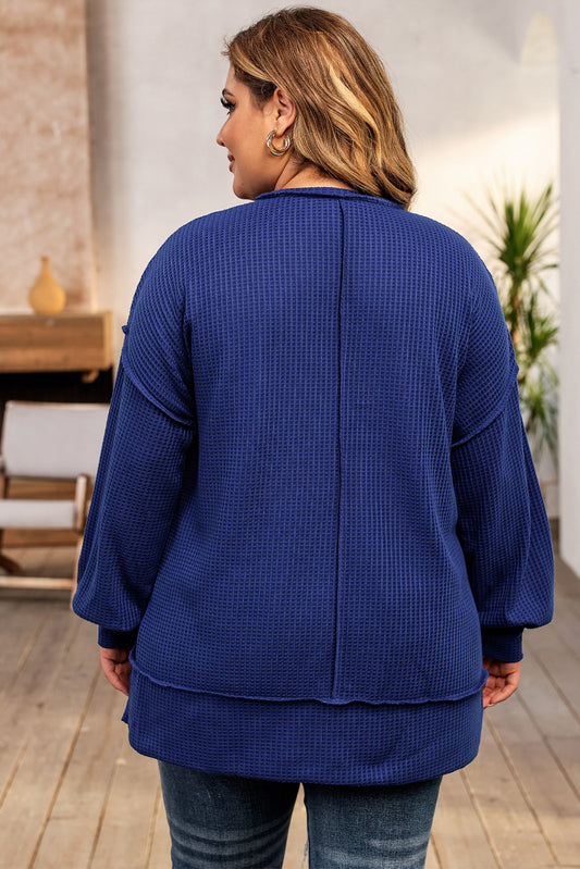 Dark Blue Waffle Knit Exposed Seam Patchwork Plus Size Top