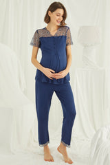 Shopymommy 19298 Lace Maternity & Nursing Pajamas Navy Blue