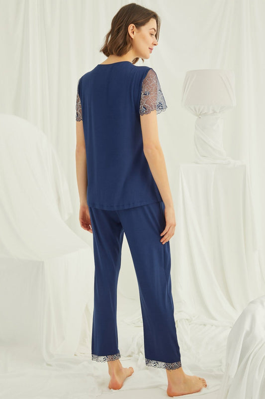 Shopymommy 19298 Lace Maternity & Nursing Pajamas Navy Blue