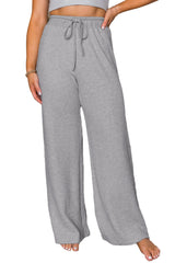 Gray Waffle Knit Drawstring High Waist Wide Leg Pants