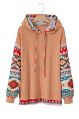 Khaki Geometric Patchwork Waffle Knit Plus Size Hoodie