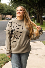 Dark Khaki Plus Size Flower Pattern High Neck Drop Shoulder Sweater