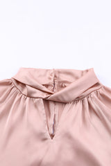 Pink Elegant Keyhole Long Sleeve Satin Blouse