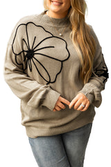 Dark Khaki Plus Size Flower Pattern High Neck Drop Shoulder Sweater