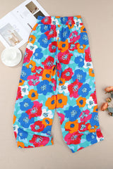 Multicolor Floral Abstract Print Drawstring Wide Waistband Pants