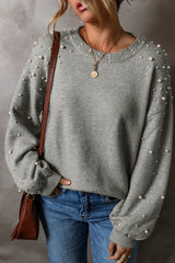 Smoke Gray Pearl Drop Shoulder Round Neck Sweater