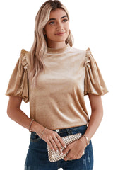 Light Beige Ruched Lantern Sleeve Elegant Blouse