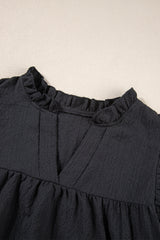 Black Basic Textured V Neck Tiered Ruffle Sleeve Blouse